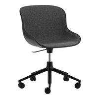 Gray upholstered office chair with a smooth, modern design and a black base, featuring five rolling casters.