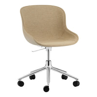 Beige upholstered office chair with a sleek chrome base and five rolling casters for modern design and comfort.