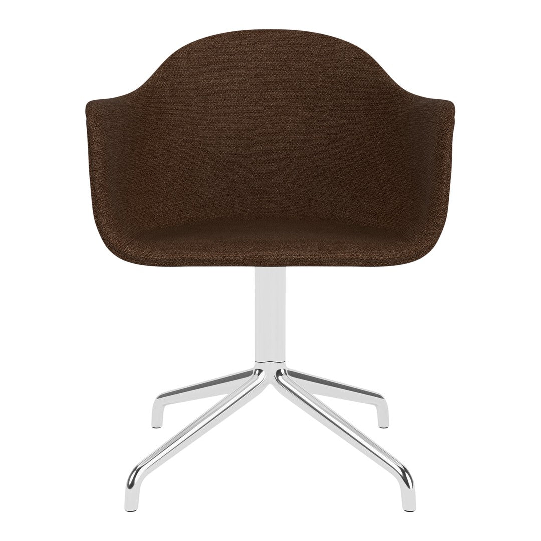 Brown upholstered chair with a sleek chrome base, featuring a smooth, minimalist design. Perfect for modern spaces.