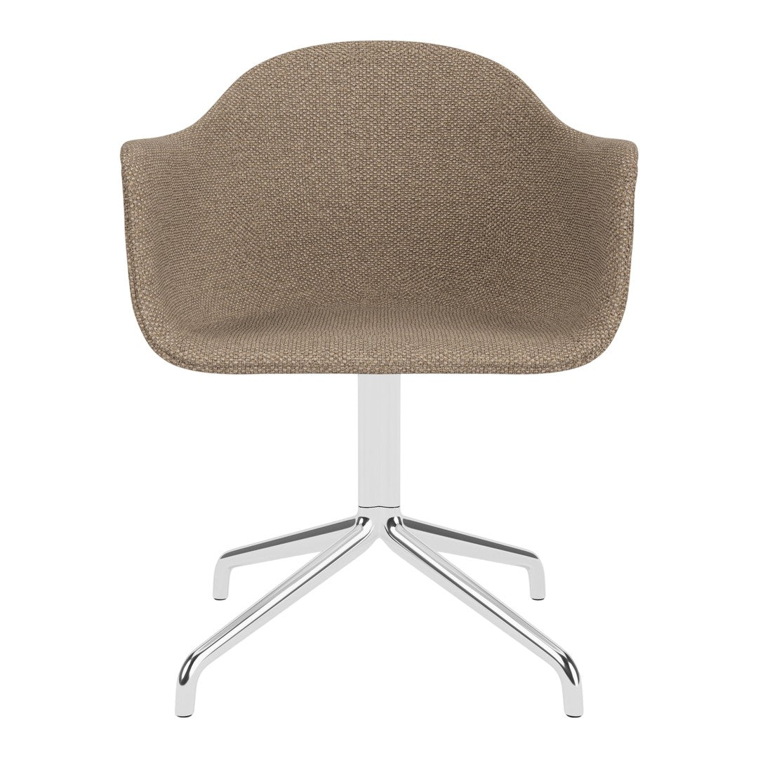 Beige upholstered chair with smooth, curved lines and a sleek chrome base. Perfect for modern interiors.