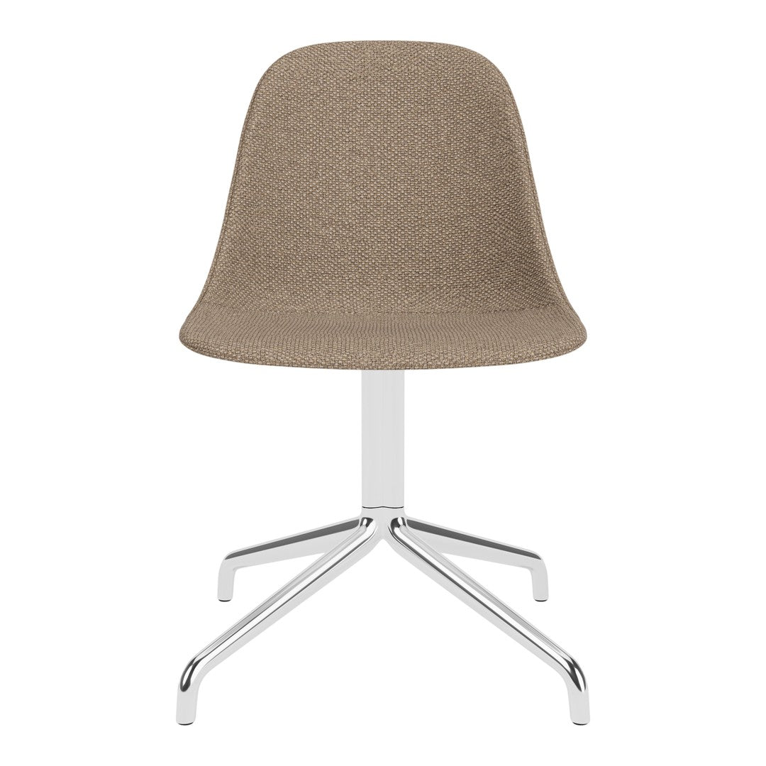 Modern chair in soft brown upholstery with a smooth texture and sleek chrome base, perfect for an elegant touch.