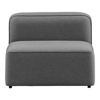 Gray upholstered accent chair with a minimalist, smooth design and subtle curved edges. Perfect for modern decor.
