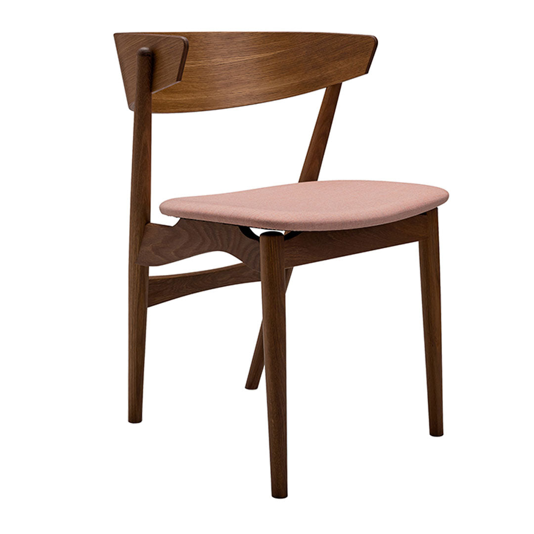 Natural wood chair with a walnut finish and a soft pink upholstered seat. Simple, modern design and clean lines.