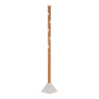 Wooden coat rack with a natural wood finish and a minimalist white cement base. Sleek and modern design.