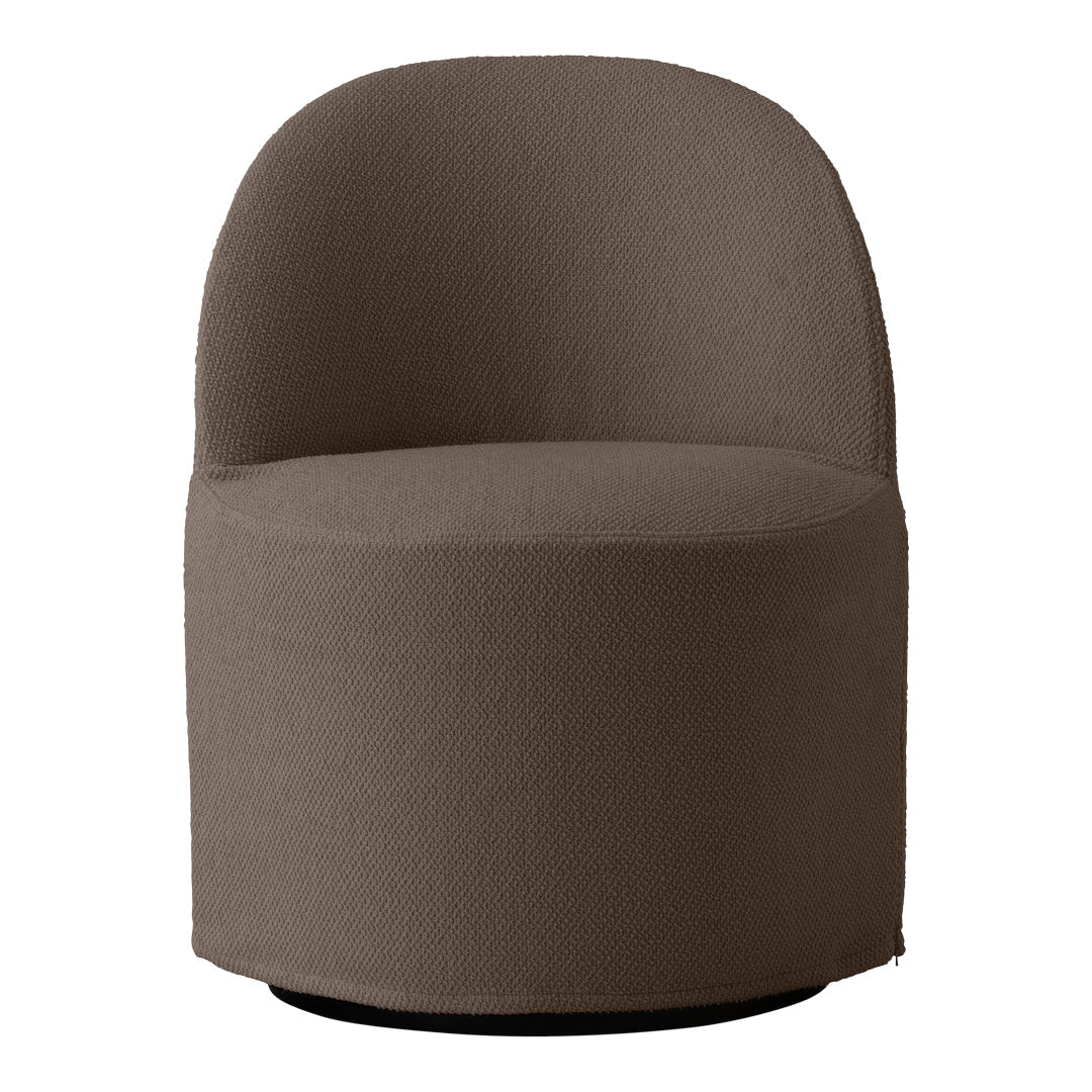 Brown textured upholstered chair with a rounded design, perfect for modern interior decor.