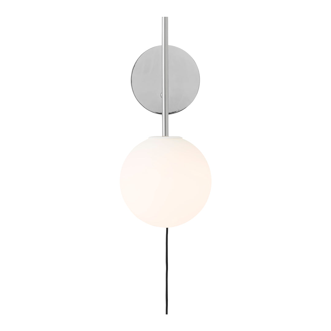 Sleek chrome wall sconce with a white globe shade and black pendant cord, adding modern elegance to any space.