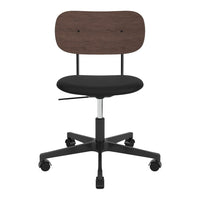 Black upholstered office chair with a wood grain backrest and a five-spoke base. Modern and minimalist design.
