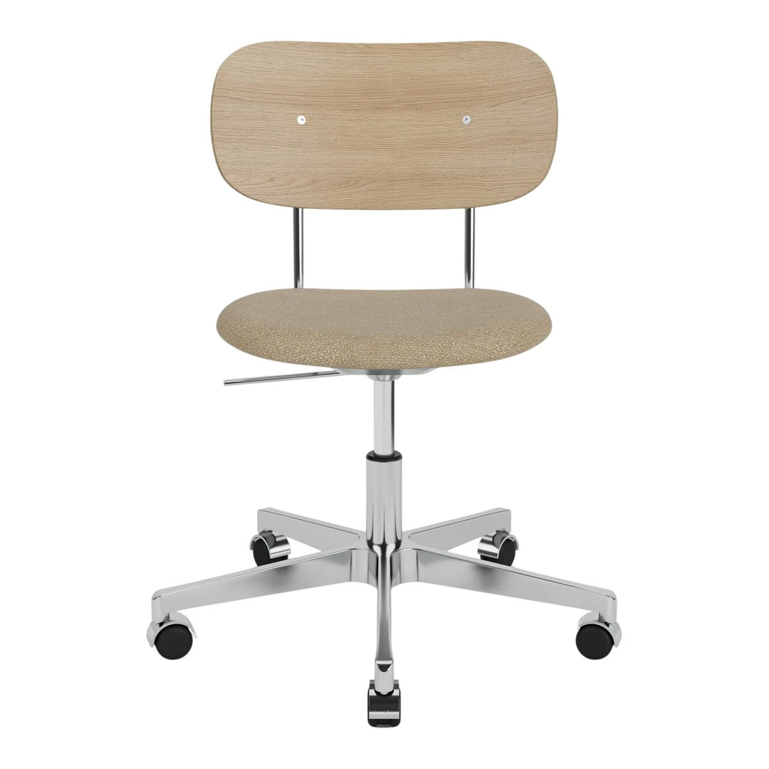 Light wood chair with natural grain pattern and chrome base, featuring a minimalistic design.