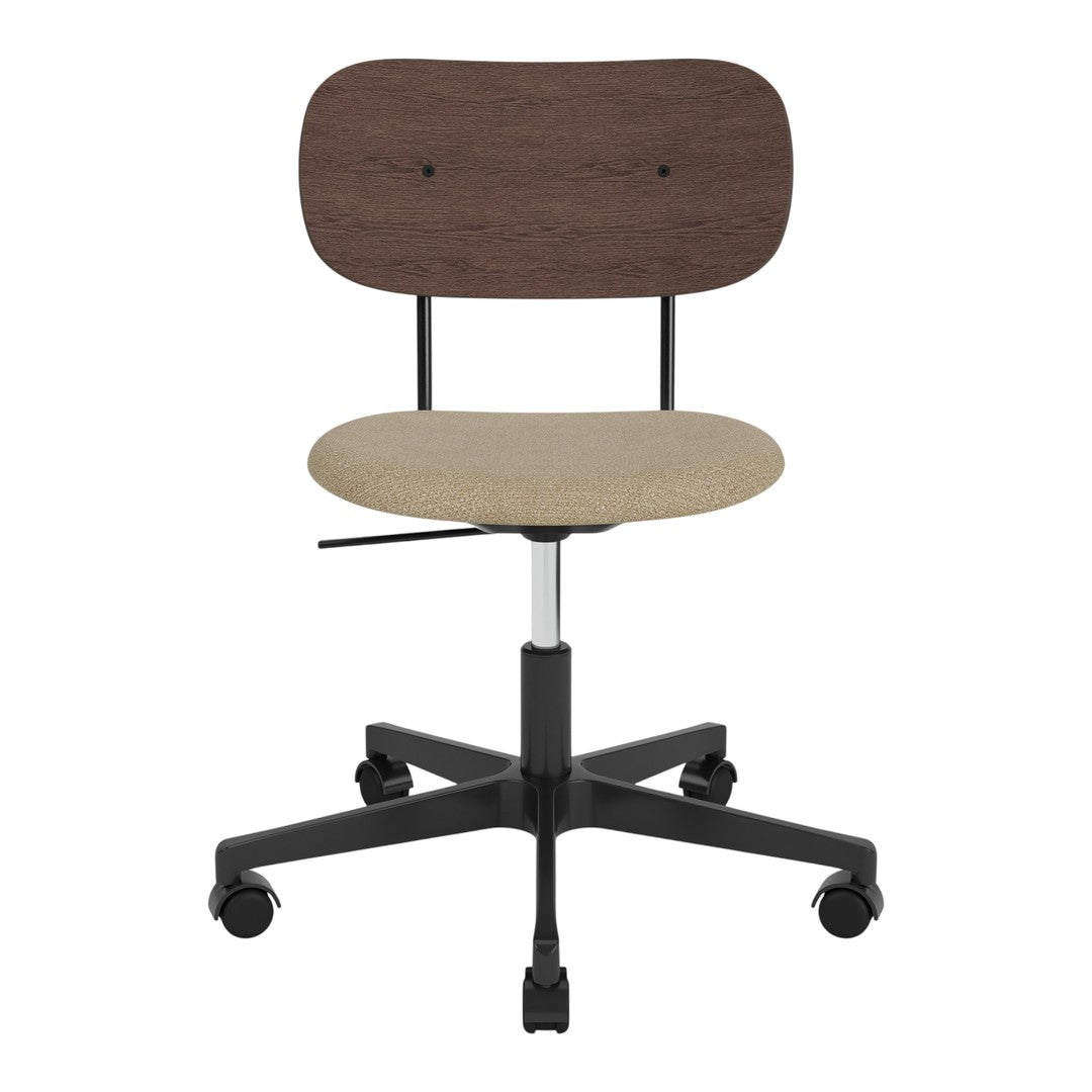 Wooden brown backrest, beige fabric seat, and black metal base. Sleek, modern design for any workspace.