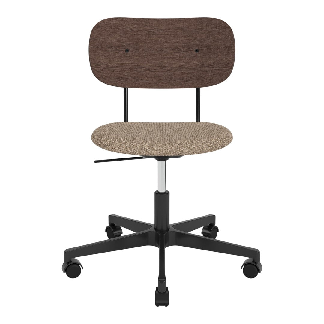 Brown wooden backrest with beige seat on a black wheeled base. Sleek, modern design suitable for any workspace.