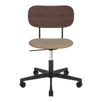 "Modern office chair with a dark wood backrest and beige seat, featuring a sleek black base and wheels."