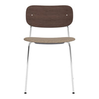 Brown wooden backrest and beige seat with chrome legs. Simple, modern design perfect for minimalist decor.