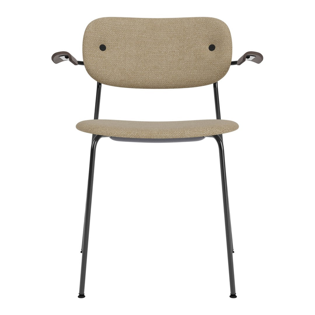Beige upholstered chair with black metal legs and armrests, featuring a simple, minimalist design.