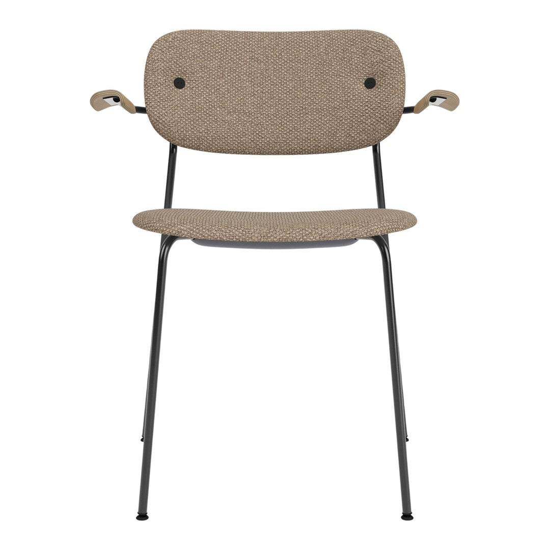 Tan fabric seat and back with black metal frame, featuring a minimalist design and subtle texture.