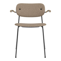 Brown textured fabric chair with black metal legs and arms, featuring a minimalist and contemporary design.