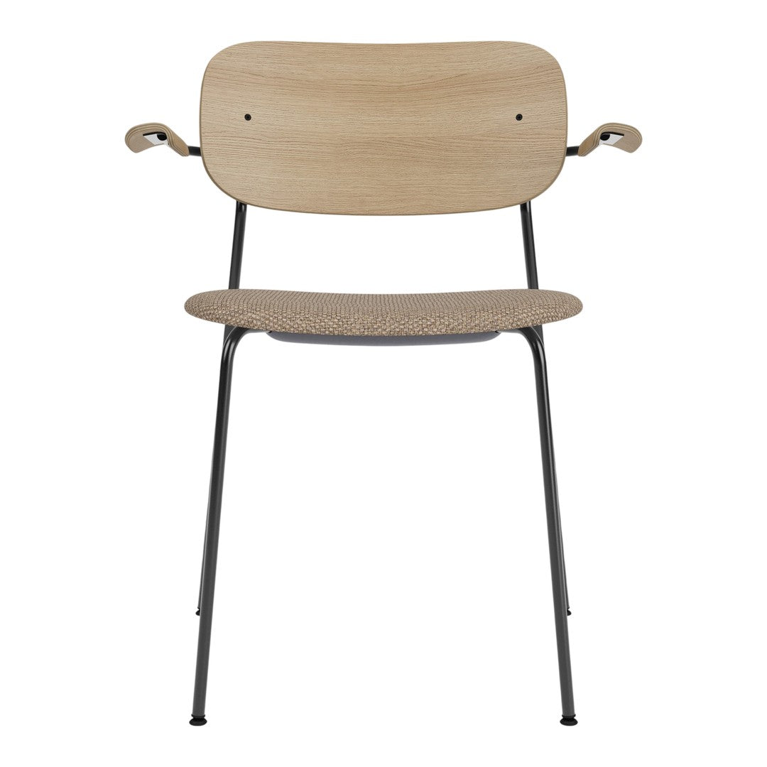 Light wood chair with a natural oak finish and dark metal legs, featuring a simple, modern design.