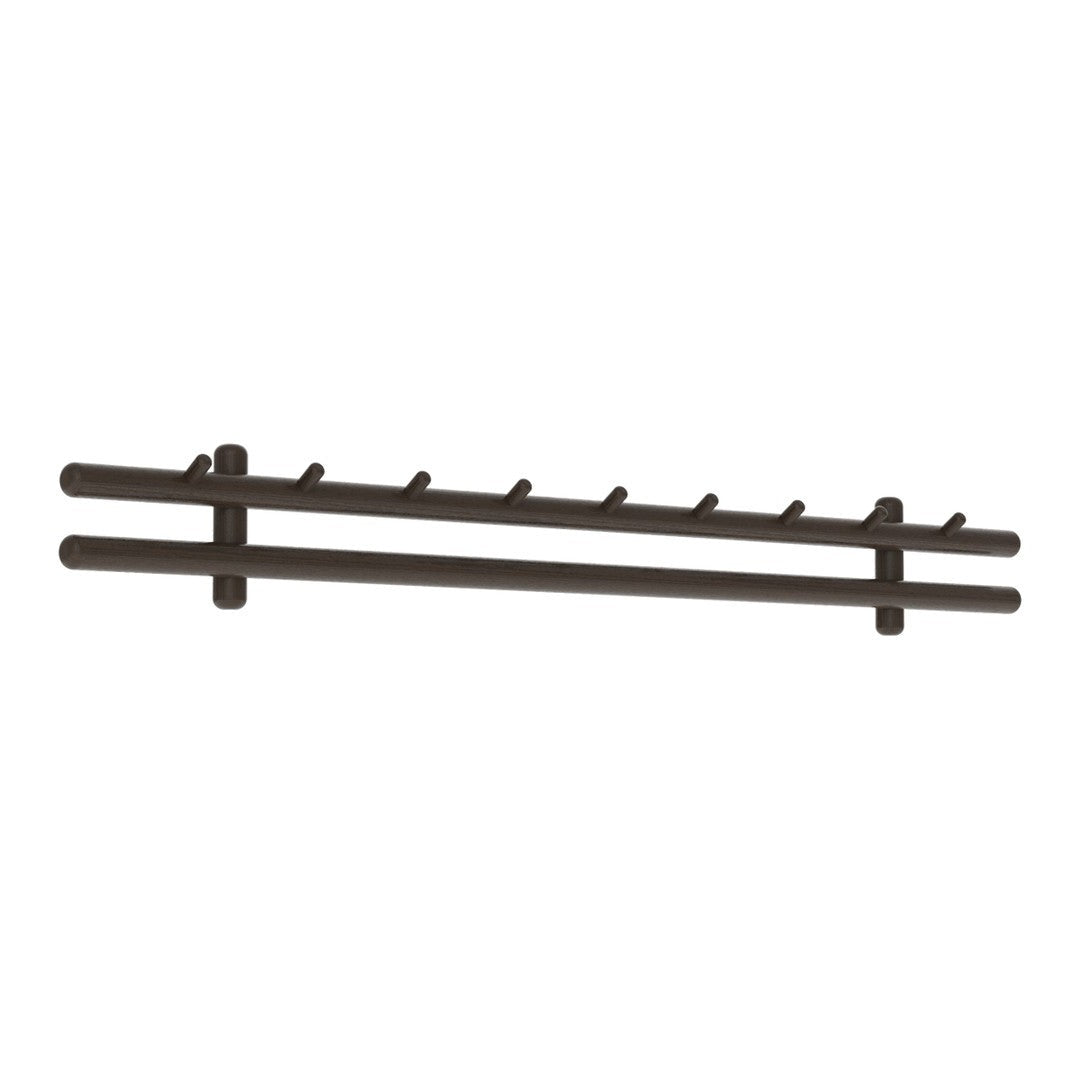 Brown wall-mounted coat rack with a minimalist design and evenly spaced hooks. Ideal for organizing accessories.