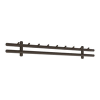 Brown wall-mounted coat rack with a minimalist design and evenly spaced hooks. Ideal for organizing accessories.