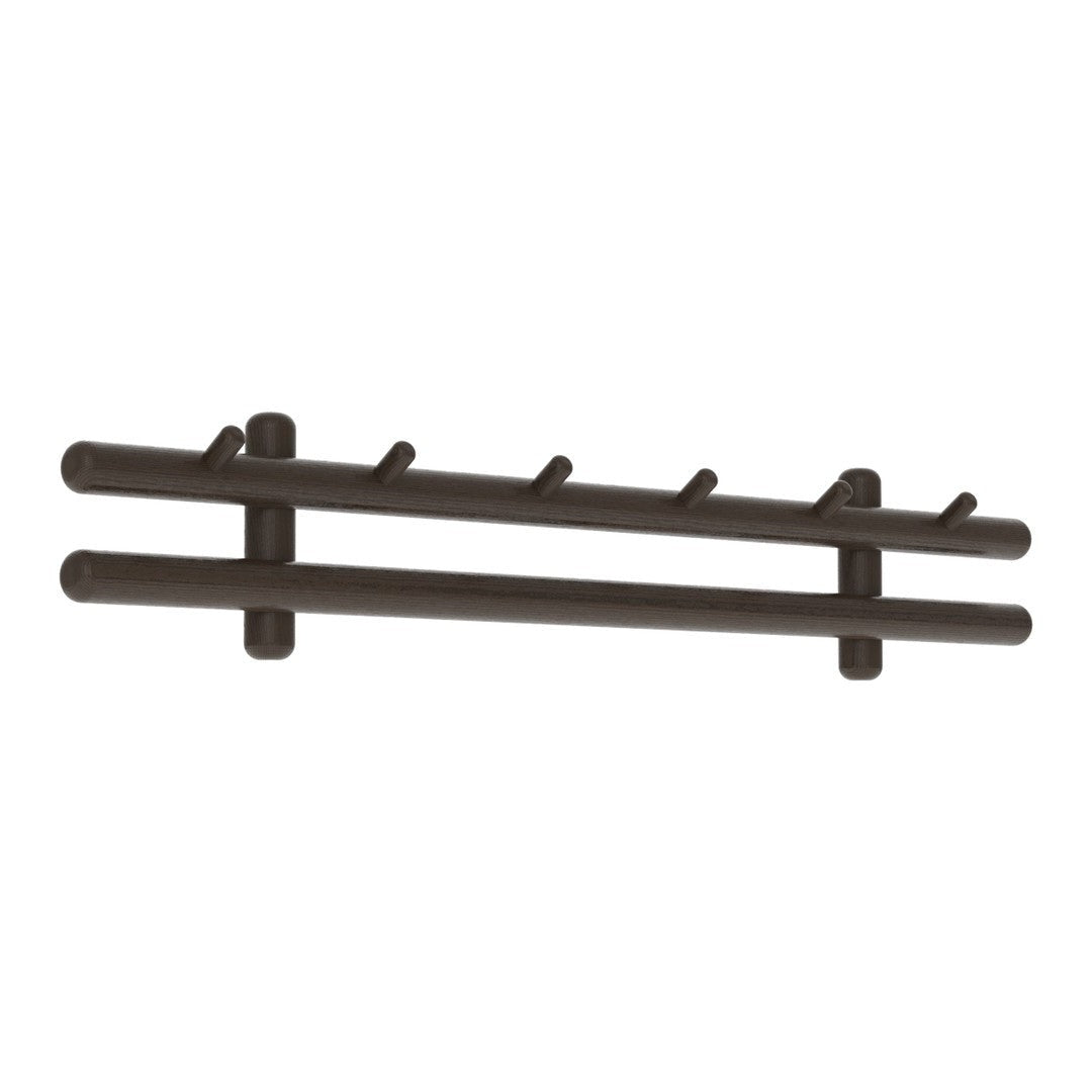 Dark brown wall-mounted coat rack with five hooks and a sleek, minimalist design. Perfect for organized spaces.