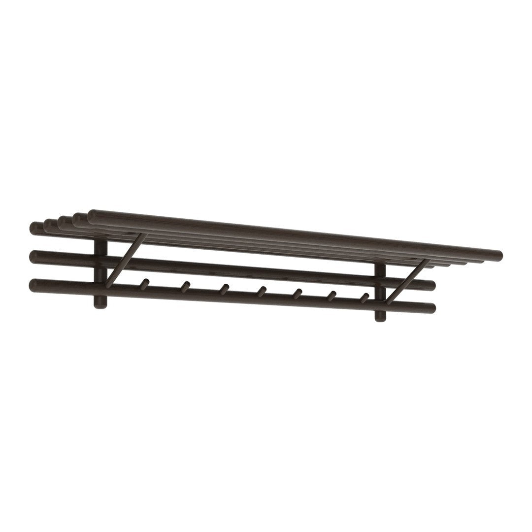 Dark brown wall-mounted shelf with horizontal slats and hooks for versatile storage and organization. 