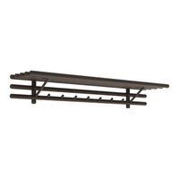 Dark brown wall-mounted shelf with horizontal slats and hooks for versatile storage and organization. 