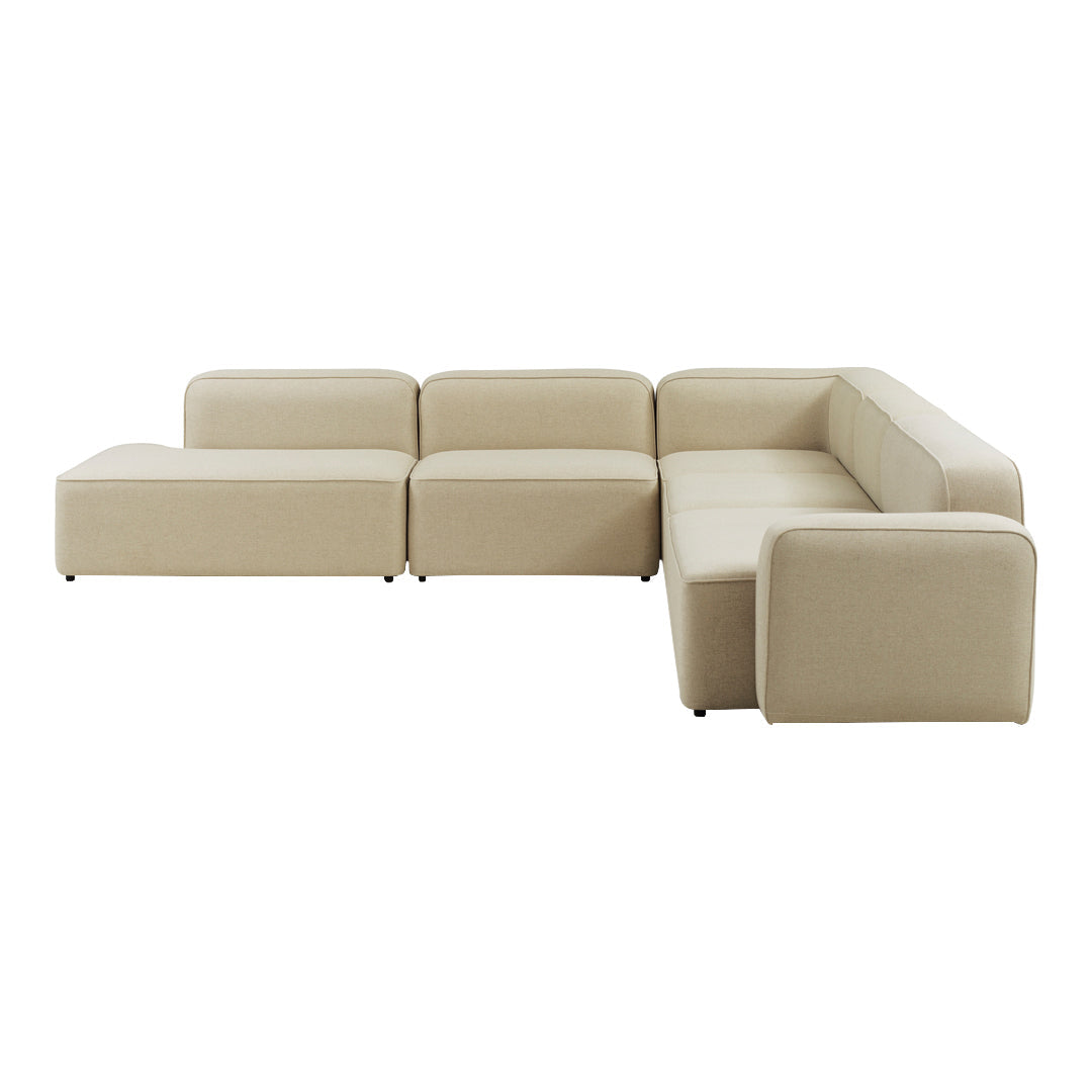 Beige sectional sofa with a modern, minimalist design and soft, smooth fabric texture.