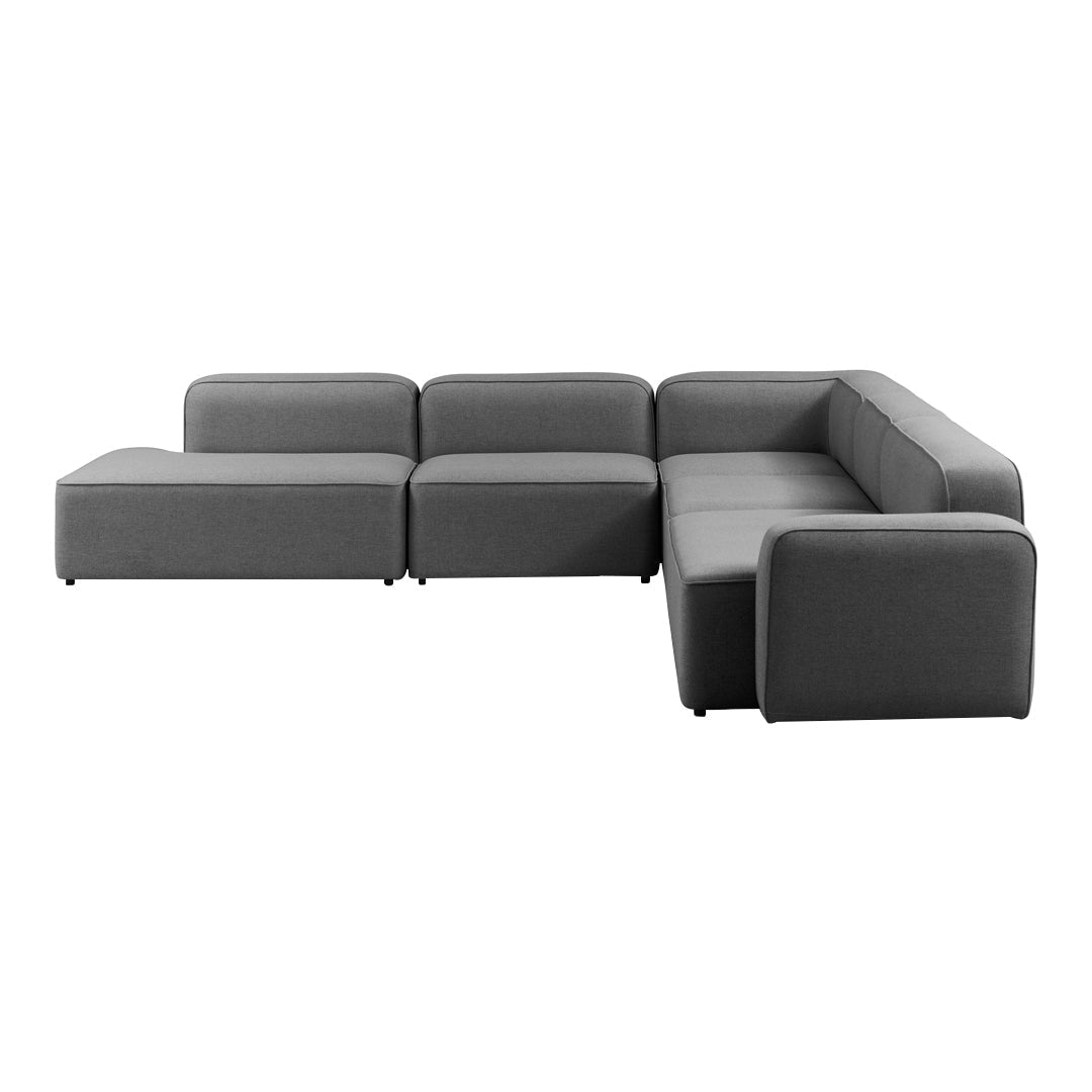 Modern gray sectional sofa with clean lines and a minimalist design, featuring a solid fabric pattern.