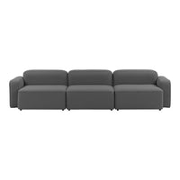 Stylish modern sofa in solid dark gray fabric, featuring a sleek and minimalist design with clean lines.