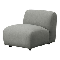 Gray upholstered accent chair with a smooth, minimalist design, featuring rounded edges and black legs.