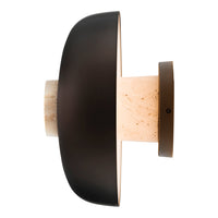 "Stylish black wall lamp with a textured beige stone base, featuring elegant curves for a modern look."