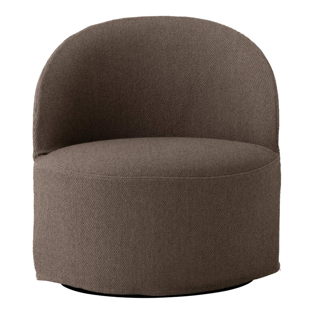 Cozy brown upholstered accent chair featuring a smooth, rounded design and subtle textured pattern.