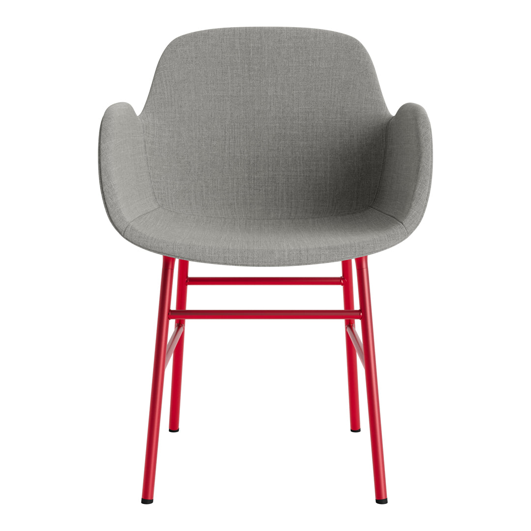 Gray upholstered chair with a modern design and vibrant red metal legs. Ideal for stylish home decor.