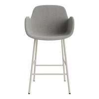 Gray upholstered bar stool with a minimalist design and white metal legs. Ideal for modern interiors.