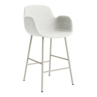 Light gray upholstered bar stool with minimalist design and soft texture, featuring a sleek white metal frame.