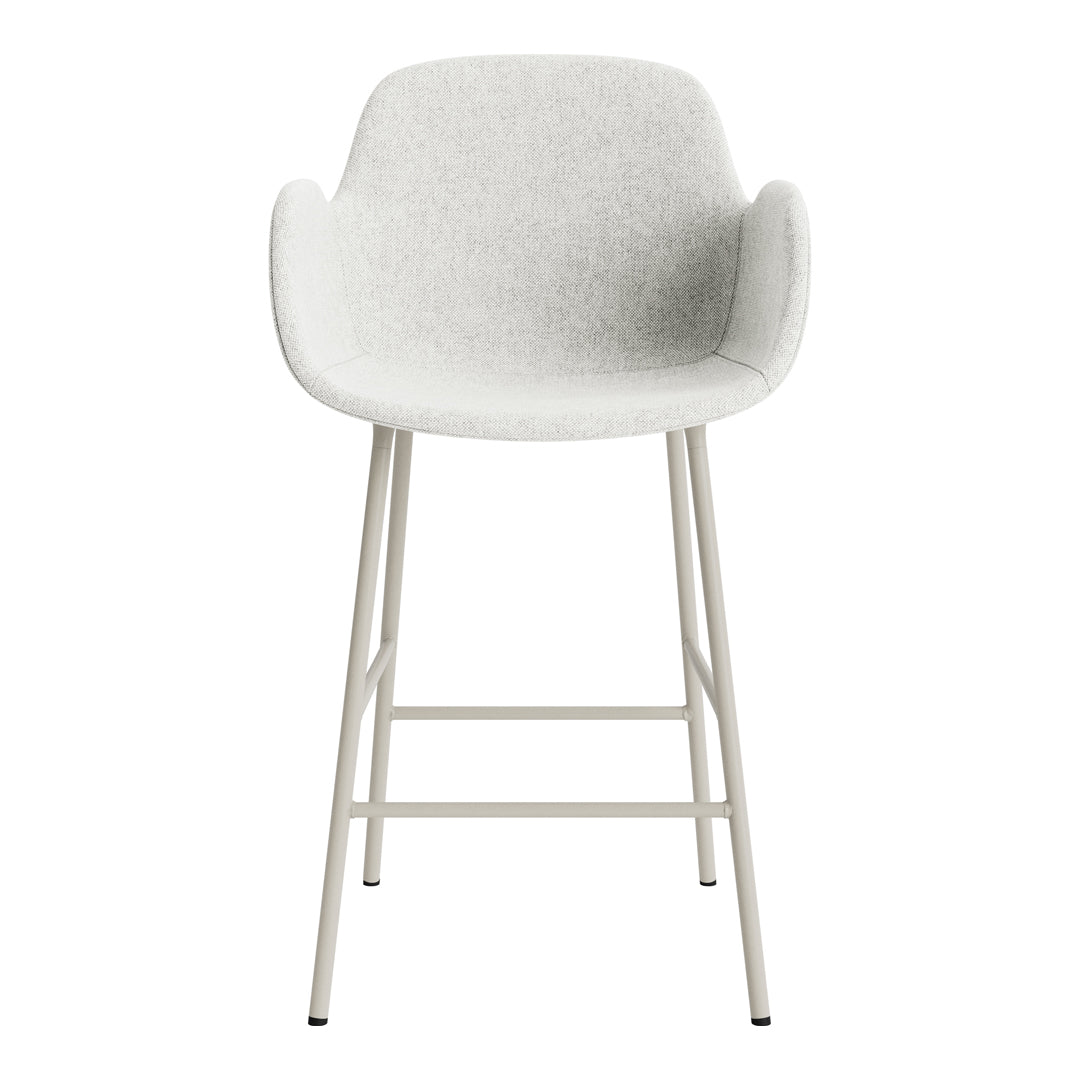 Light gray upholstered bar stool with a minimalist design and white metal legs. Simple and modern.