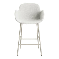 Light gray upholstered bar stool with a minimalist design and white metal legs. Simple and modern.