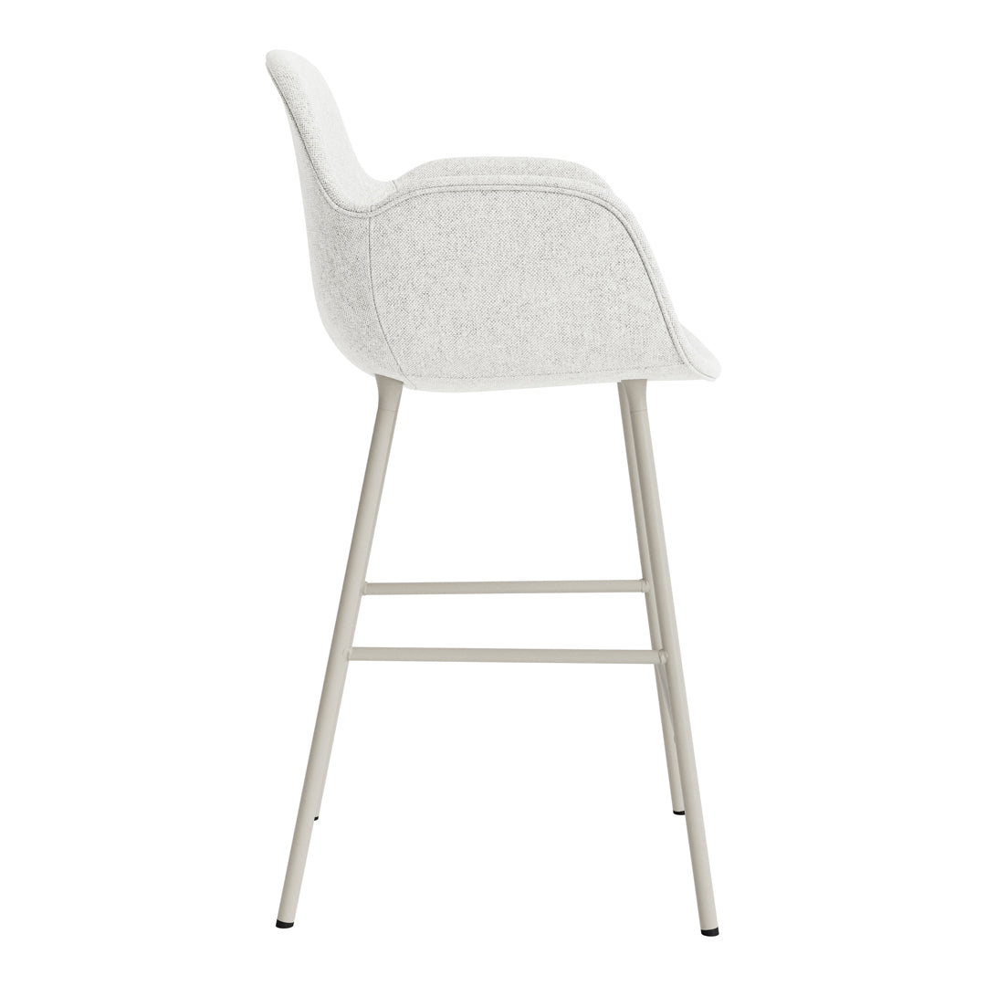 White upholstered bar stool with a minimalist design and light metal legs. Textured fabric adds subtle elegance.