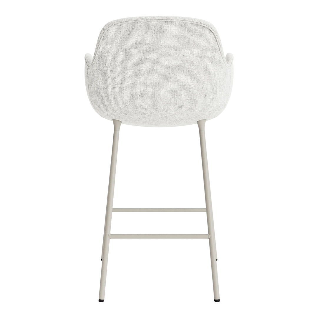 Light gray upholstered bar stool with a sleek white metal frame, showcasing a minimalist design.