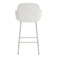 Light gray upholstered bar stool with a sleek white metal frame, showcasing a minimalist design.