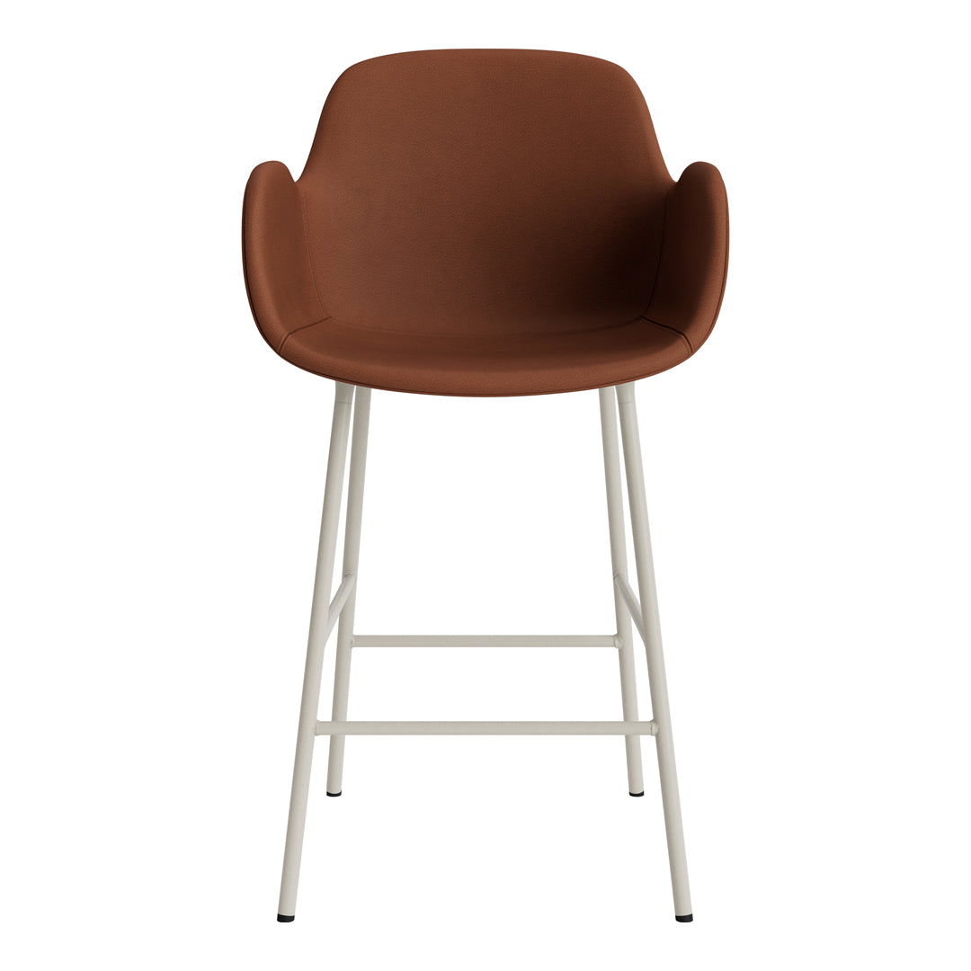 Brown upholstered bar stool with a sleek white metal frame, featuring smooth, modern lines.