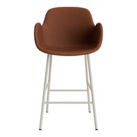 Brown upholstered bar stool with a sleek white metal frame, featuring smooth, modern lines.