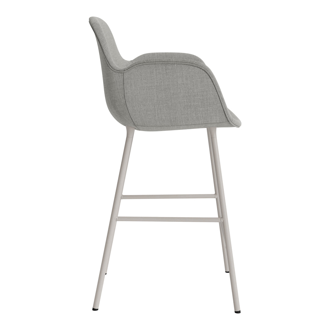 Gray upholstered bar chair with a sleek design and minimalist white metal legs.