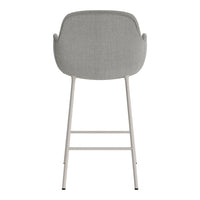 Light gray upholstered bar stool with a smooth, minimalist design and sleek metal legs. Perfect for modern interiors.