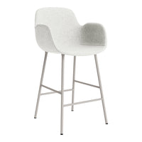 Light gray upholstered bar stool with a smooth, minimalist design and a sleek metal frame.