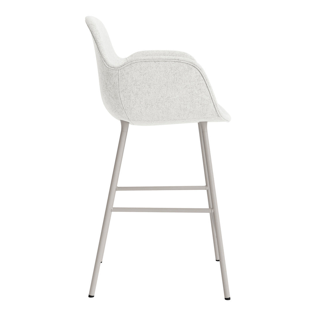 Light grey upholstered bar stool with a smooth texture and minimalist design, featuring a chrome base.