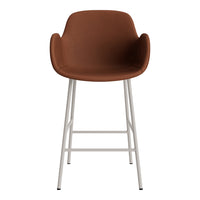 Brown upholstered bar stool with a sleek white metal base and minimalist design.