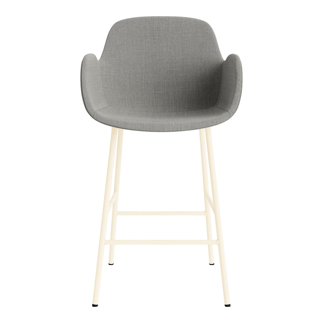 Modern gray upholstered bar stool with a sleek cream-colored metal frame. Ideal for contemporary spaces.