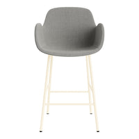Modern gray upholstered bar stool with a sleek cream-colored metal frame. Ideal for contemporary spaces.