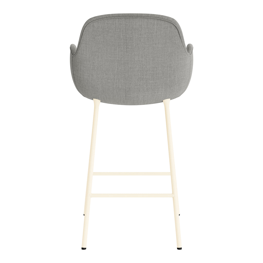 Gray upholstered backrest with cream-colored metal legs in a sleek, modern design. Perfect for contemporary decor.
