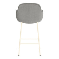 Gray upholstered backrest with cream-colored metal legs in a sleek, modern design. Perfect for contemporary decor.